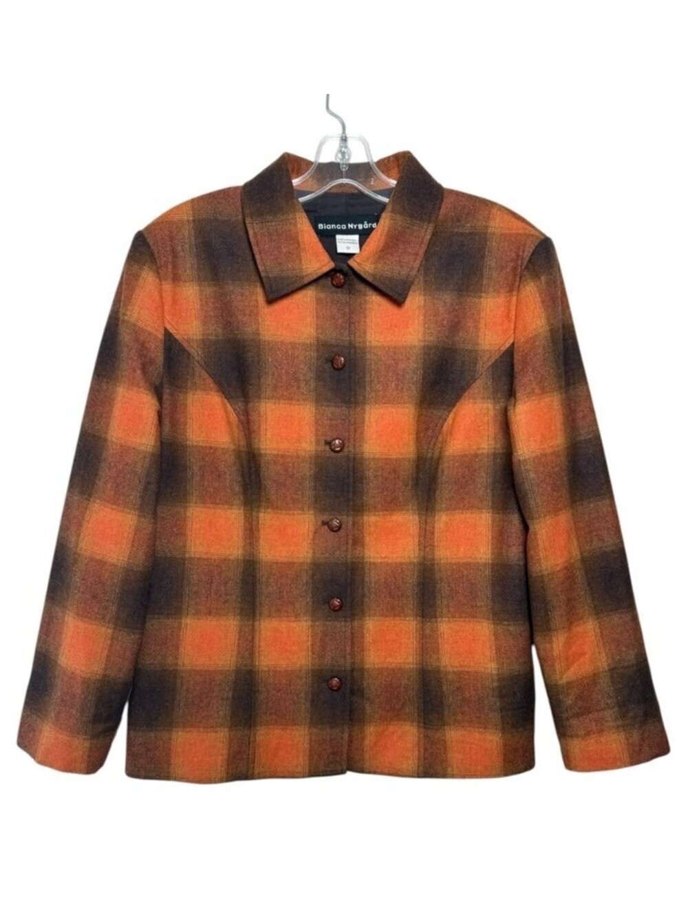Vintage Wool Plaid Shirt Jacket Size 12 = Small Medium Orange Brown 80s 90s